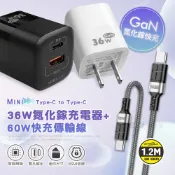 WELLY 威力 36W氮化鎵GaN 雙孔充電器+60W抗彎折 Type-C to Type-C 鋁合金傳輸充電線