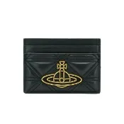 【Vivienne Westwood】絎縫皮革金土星logo四卡卡夾(黑)