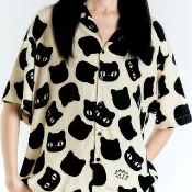 Polka Cat 夏威夷襯衫 - 黑米色 點點貓印花夏威夷襯衫
