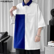 Incerun 男士韓版休閒翻領夏季半袖襯衫