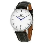 【Daniel Wellington】Dapper時尚深啡鱷魚紋皮革腕錶-銀框/34mm
