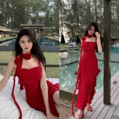 【ʟɪᴏɴɴ現貨】韓系酒紅吊帶洋裝 吊帶洋裝 約會洋裝 玫瑰洋裝 渡假洋裝 海邊洋裝 女裝 夏天洋裝 紅色洋裝 洋裝