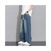 (店+) 牛仔褲男夏季薄款寬鬆透氣直筒褲跑步健身吸濕排汗褲工作居家鬆緊腰抽繩休閒褲夏天彈性運動長褲大呎碼涼爽闊腿褲馬拉松涼感寬褲