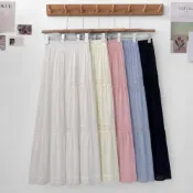 (店+)【FEE BABY】親膚高腰刺繡花朵長裙 蛋糕長裙 法式長裙 日系長裙 長裙洋裝 休閒長裙 海島長裙裝 渡假風長裙 白色 黑色 杏色 粉色 藍色
