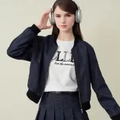 【ELLE ACTIVE】女款 都會輕雅短版格紋飛行夾克外套-藍色(EA25A2W6104#35)