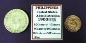 私藏 : 菲律賓1903年版式1Centavo(1933)(黃銅幣)&1Peso(1907)(銀幣)兩枚合拍.如欲了解菲律賓幣史請看下面簡單介紹