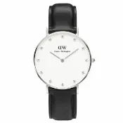 【Daniel Wellington】施華洛世奇水晶黑色皮革腕錶-銀框/34mm(0961DW)