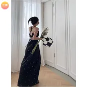 黑色海边洋装 性感純欲風度假长洋裝 大尺碼渡假風长裙子 黑色波點辣妹性感吊帶長裙 雪纺連身裙 小眾復古收腰長裙子 夏季洋