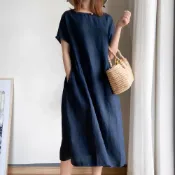  (店+)【Mila】米拉 ★優雅夏季棉麻連衣裙(女裝/裙子/短袖洋裝/連身裙/休閒/日系/通勤)