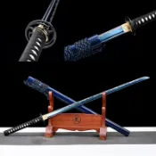 [龍泉劍莊]刀劍復古擺件 錳鋼鍛打烤藍研白 一體長款陌刀唐橫刀未開刃