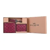【COACH】COACH C字LOGO皮革8卡對開短夾名片夾鑰匙圈三合一禮盒組(酒紅)