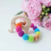 Bright Rainbow Baby Rattle Teeth with Wooden Elefant - 出牙環玩具