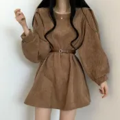 (店+)【D.studio】台灣發貨韓版複古小個子氣質泡泡袖燈芯絨洋裝 連身裙 吊帶裙 吊帶褲 女裝S161
