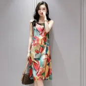 (店+)【COOLRISE 魁仕】現貨冰絲打底吊帶休閒渡假連身洋裝背心中長裙M-4XL大尺碼連衣裙