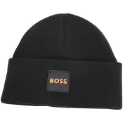 BOSS 字母徽標貼反摺針織毛帽(黑色)