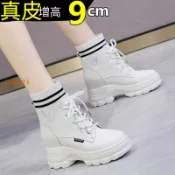 米色小短靴女秋季馬丁靴內增高女鞋10cm高跟單靴厚底靴子 真皮短靴 女靴 時尚靴 短靴 靴子冬靴 內增高靴 冬靴增高女靴