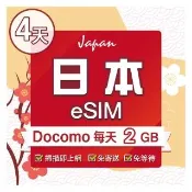【環亞電訊】eSIM日本Docomo4天每天2GB(日本網卡 docomo 原生卡 日本 網卡 沖繩 大阪 北海道 東京 eSIM)