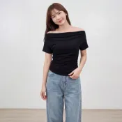(店+)【FEE BABY】高彈力收腰顯瘦一字肩T恤 一字肩上衣 一字領上衣 斜肩 露肩 莫代爾上衣 莫代爾 緊身上衣女 黑色 杏色 白色