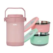 【THERMOS 膳魔師】超值3入_雪霧玫瑰不鏽鋼真空燜燒提鍋1500ml+不鏽鋼隔溫碗1200ml(RPF-20-RSPK+TC-BOWL)