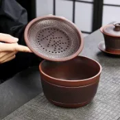 ⚡桃園出貨⚡原礦紫陶跳刀紋茶渣水盂分離水缸復古中式家用粗陶過濾茶水茶渣桶