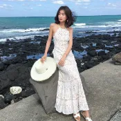 🔥現貨秒發.S-L 蕾絲掛脖魚尾連衣裙 法式露背性感顯瘦 婚禮約會度假洋裝 氣質 女神款 白色蕾絲 婚禮洋裝