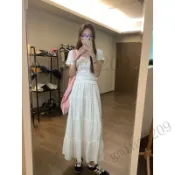 【顯瘦遮胯】雙層大裙擺 白色半身裙 鬆緊高腰 中長款 百搭蛋糕裙 傘裙 夏 白色長裙 不規則半身裙 中長裙