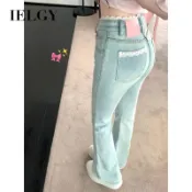 IELGY蕾絲拼接喇叭彈力牛仔褲女淺色高腰提臀喇叭褲