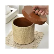 (店+)復古藤編桌面收納盒圓形帶蓋收納桶客廳茶几多功能雜物臥室整理盒