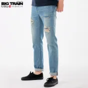 BIG TRAIN 純棉破壞補丁小直筒褲-中藍BM7269