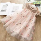 芒果名品 【立體花朵刺繡】女童連衣裙 公主裙 寶寶裙 蕾絲裙 韓版裙 網紗裙 夏季新款 甜美洋氣 週歲生日禮服 日常穿搭