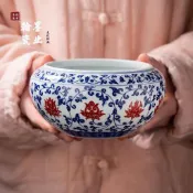 ⚡桃園出貨⚡景德鎮陶瓷七丞堂仿古泥青花釉裏紅纏枝蓮茶渣缸建水茶洗廢水缸