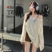 (店+)【D.studio】韓版鏤空慵懶風寬鬆針織罩衫 疊穿 針織上衣 長袖上衣 女裝 衣服 長袖t恤 透膚罩衫 長版上衣 W567
