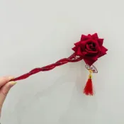 免運復古紅玫瑰髮簪氣質盤髮簪 新年喜慶氛圍感簪子頭花髮飾 婚禮拜年春節聚會造型飾品