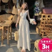 【梨卡】隔日到貨 女裝 洋裝 長裙 白色洋裝 刺繡長裙 立體花朵洋裝 V領長裙 大露背長裙 C6642【現貨24H】