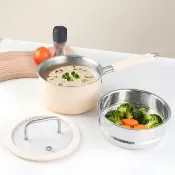 【PureCook】全316陶瓷不鏽鋼蒸煮單柄湯鍋16cm/1.7L-蒸籠+矽膠玻璃蓋(雪平鍋牛奶鍋泡麵鍋/IH爐烤箱洗碗機)
