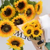 5 頭人造向日葵花束絲綢向日葵假花 DIY 婚禮花束中心裝飾品佈置派對家居裝飾