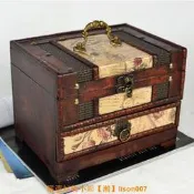免運~古風印花帶鎖梳妝盒桌面帶鏡手飾品復古收納中國風百寶盒古代盒子