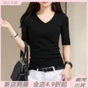 黑色莫代爾中袖T恤女 五分袖上衣 七分袖 打底衫女 內搭春秋大碼 打底衫 女內搭 素t t恤女 正肩上衣 女生上衣