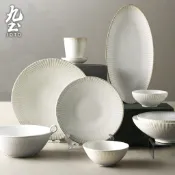 九土復古手工餐具套裝味碟水杯小碗深口碗湯碗平盤陶瓷餐具套裝釉下彩家用簡约餐盤高級雙耳碗盤高顏值碗盤杯子餐具CJR0660