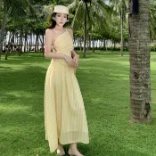 波西米亞旅行度假性感黃色條紋雪紡吊帶長裙女裝緊身斜領露肩無袖中長款A字洋裝
