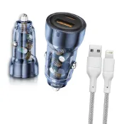 (店+)【WELLY】PD60W急速充電 PD+QC淨透雙孔車充頭+USB to Lightning 耐拉編織充電線(100CM)