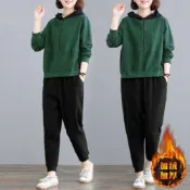 (店+)加絨加厚冬季連帽保暖運動套裝女 刷毛衛衣+長褲兩件套 御寒神器必收 運動套裝 長袖套裝 a0201