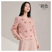 【初色】三宅風純色圓領長袖立體花朵單排釦皺摺衣中大碼顯廋彈力薄款壓褶外套女外套-共10色-53504(F可選)