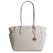 MICHAEL KORS 經典滿版老花嘴唇包 托特包 防刮PVC塗層帆布 肩背包 手提包 白色粉邊MK(現貨)