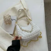 墨韵書香 MIANKEXIONG甜美腋下包珍珠鏈條餃子包大容量單肩斜挎包夏季包包