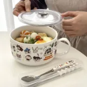 陶瓷泡麵碗👉大容量湯碗 雙耳防燙湯碗 泡麵碗 防漏防燙 宿捨辦公室適用 帶蓋陶瓷碗 泡麵專用碗 上班族飯碗