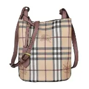 【BURBERRY 巴寶莉】BURBERRY Haymarket戰馬印花LOGO格紋聚胺酯拼牛皮磁吸式斜背水桶包(米格紋x藕粉)