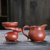 【茶藝茶道專區】原礦紫砂大紅袍手工茶漏茶海公道杯三件套新款高檔家用收藏高顏值茶海 分茶器 茶盞公道杯 泡茶公道杯