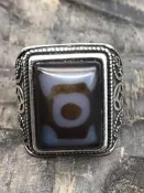 收藏 西藏老礦天珠 天然羊板眼天眼藥師線珠 天珠 銀戒指真品