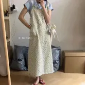 (店+)【FEE BABY】牛仔細肩帶碎花洋裝 碎花洋裝 長洋裝 吊帶洋裝 牛仔 連身裙 吊帶裙 洋裝 氣質長洋 花洋 混色(杏底小碎花)